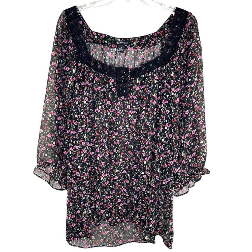 Black Floral Print Womens Plus Sx 1X Dark Fairy Whimsigoth Smocked Bell Top EUC